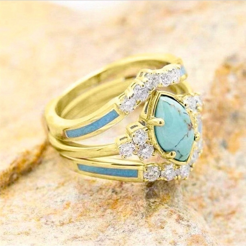 Gold + Turquoise 3-piece Bohemian Fashion Ring Set, Size 7